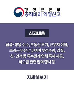 행정안전부 공직비리 익명신고
신고내용
금품·향응 수수, 부동산 투기, 근무지 이탈, 초과근무수당 및 여비 부정수령, 갑질, 친·인척 등 특수관계 업체 특혜 제공, 하도급 관련 압력 행사 등
자세히보기
