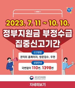 2023.7.11~10.10.
정부지원금 부정수급 집중신고기간
신고방법 : 권익위 홈페이지, 방문접수, 우편
상담안내 : 국번없이 110번, 1398번
자세히보기