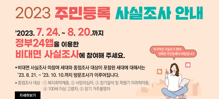 2023 주민등록 사실조사 안내
'2023.7.24.~8.20.까지 정부24앱을 이용한 비대면 사실조사에 참여해 주세요.
· 비대면 사실조사 미참여 세대와 중점조사 대상이 포함된 세대에 대해서는 '23.8.21.~'23.10.10.까지 방문조사가 이루어집니다.
· 중점조사 대상 : ① 복지취약계층, ②사망의심자, ③장기결석 및 학령기 미취학아동, ④100세 이상 고령자, ⑤장기 거주불명자
자세히보기