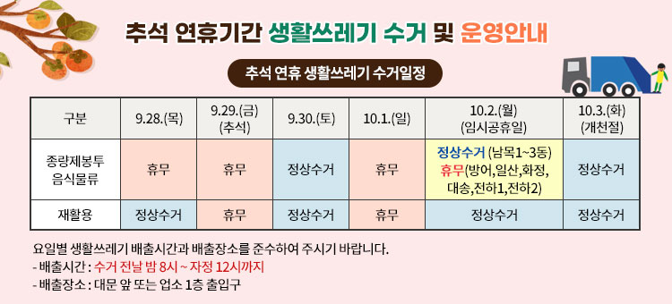 추석 연휴기간 생활쓰레기 수거 및 운영안내