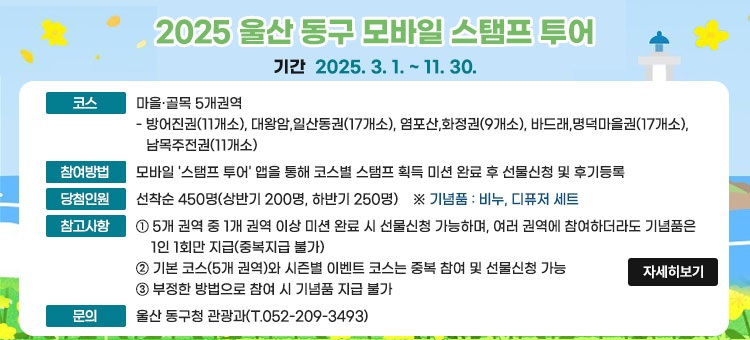 2025 울산 동구 모바일 스탬프 투어
ㆍ기간 : 2025. 3. 1. ~ 11. 30.
ㆍ코스 : 마을·골목 5개권역
- 방어진권(11개소), 대왕암,일산동권(17개소), 염포산,화정권(9개소), 바드래,명덕마을권(17개소), 남목주전권(11개소)
ㆍ참여방법 : 모바일 '스탬프 투어' 앱을 통해 코스별 스탬프 획득 미션 완료 후 선물신청 및 후기등록
ㆍ당첨인원 : 선착순 450명(상반기 200명, 하반기 250명)  ※기념품 : 비누, 디퓨저 세트
ㆍ참고사항
① 5개 권역 중 1개 권역 이상 미션 완료 시 선물신청 가능하며, 여러 권역에 참여하더라도 기념품은 1인 1회만 지급(중복지급 불가)
② 기본 코스(5개 권역)와 시즌별 이벤트 코스는 중복 참여 및 선물신청 가능
③ 부정한 방법으로 참여 시 기념품 지급 불가
ㆍ문의 : 울산 동구청 관광과(T.052-209-3493)