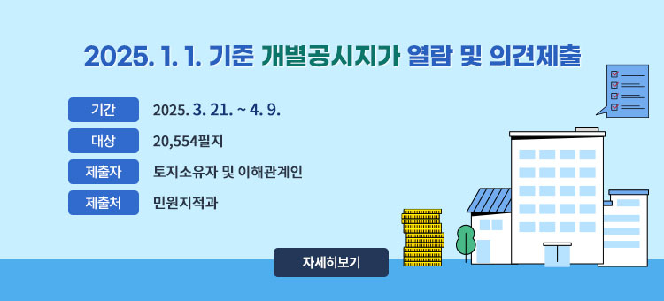 2025. 1. 1.기준 개별공시지가 열람 및 의견제출
ㆍ기간 : 2025. 3. 21. ~ 4. 9.
ㆍ대상 : 20,554필지
ㆍ제출자 : 토지소유자 및 이해관계인 
ㆍ제출처 : 민원지적과
자세히보기