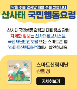 막을 수는 없지만 피할 수는 있습니다
산사태 국민행동요령
산사태국민행동요령과 대피장소 관련 자세한 정보는 산사태정보시스템, 국민재난안전포털 또는 스마트폰 앱 '스마트산림재난'앱에서 확인하세요.
스마트산림재난 산림청
자세히보기