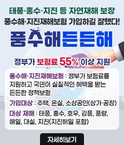 태풍·홍수·지진 등 자연재해 보장
풍수해·지진재해보험 가입하길 잘했다!
풍수해든든해
정부가 보험료 55% 이상 지원
ㆍ풍수해·지진재해보험 : 정부가 보험료를 지원하고 국민이 실질적인 혜택을 받는 든든한 정책보험
ㆍ가입대상 : 주택, 온실, 소상공인(상가·공장)
ㆍ대상 재해 : 태풍, 홍수, 호우, 강풍, 풍랑, 해일, 대설, 지진(지진해일 포함)
자세히보기