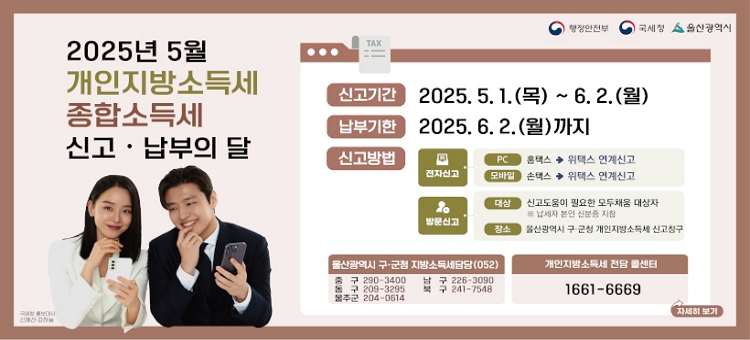 2025년 5월 개인지방소득세 종합소득세 신고·납부의 달
ㆍ신고기간 : 2025. 5. 1.(목) ~ 6. 2.(월) 
ㆍ납부기한 : 2025. 6. 2.(월)까지
ㆍ신고방법 :
   (전자신고)
       - PC : 홈텍스 → 위텍스 연계신고
       - 모바일 : 손텍스 → 위텍스 연계신고
   (방문신고)
       - 대상 : 신고도움이 필요한 모두채움 대상자 ※ 납세자 본인 신분증 지참
       - 장소 : 울산광역시 구·군청 개인지방소득세 신고창구
ㆍ울산광역시 구·군청 지방소득세담당(052)
   - 중구 : 290-3400
   - 남구 : 226-3090
   - 동구 : 209-3295 
   - 북구 : 241-7548
   - 울주군 : 204-0614 
ㆍ개인지방소득세 전담 콜센터 : 1661-6669
자세히보기