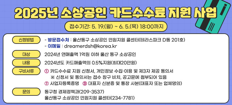 2025년 소상공인 카드수수료 지원사업 안내
접수기간 : 5. 19.(월) ~ 6. 5.(목) 18:00까지
ㆍ신청방법
- 방문접수처 : 울산동구 소상공인 민원지원 콜센터(테라스파크 D동 201호)
- 이메일 : dreamerdsh@korea.kr
ㆍ대상 : 2024년 연매출액 1억원 이하 울산 동구 소상공인
ㆍ내용 : 2024년도 카드매출액의 0.5%지원(최대20만원)
ㆍ구비서류 
① 카드수수료 지원 신청서, 개인정보 수집·이용 및 제3자 제공 동의서
※ 신청서 및 동의서는 접수 창구 비치, 공고문에 첨부되어 있음
② 사업자등록증명
③ 대표자 신분증 및 통장 사본(대표자 또는 업체명의)
ㆍ문의 : 동구청 경제정책과(209-3537)
울산동구 소상공인 민원지원 콜센터(234-7781)