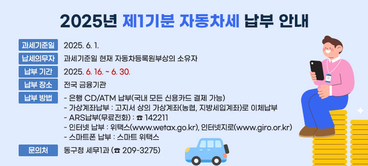 2025년 제1기분 자동차세 납부 안내
ㆍ과세기준일 : 2025. 6. 1. 
ㆍ납세의무자 : 과세기준일 현재 자동차등록원부상의 소유자 
ㆍ납부 기간 : 6. 16. ~ 6. 30. 
ㆍ납부 장소 : 전국 금융기관
ㆍ납부 방법
- 은행 CD/ATM 납부(국내 모든 신용카드 결제 가능)
- 가상계좌납부 : 고지서 상의 가상계좌(농협, 지방세입계좌)로 이체납부 
- ARS납부(무료전화): ☎ 142211
- 인터넷 납부 : 위택스(www.wetax.go.kr), 인터넷지로(www.giro.or.kr)
- 스마트폰 납부 :  스마트 위택스
ㆍ문의처 : 동구청 세무1과 (☎ 209-3275)