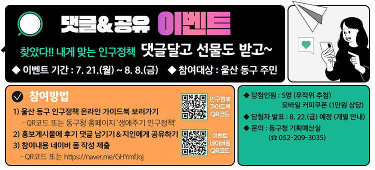 댓글 & 공유 이벤트
찾았다!! 내게 맞는 인구정책
댓글달고 선물도 받고~
ㆍ이벤트 기간 : 7. 21.(월) ~ 8. 8.(금)
ㆍ참여대상 : 울산 동구 주민
ㆍ참여방법
1) 울산 동구 인구정책 온라인 가이드북 보러가기
- QR코드 또는 동구청 홈페이지 '생애주기 인구정책'
2) '동구청' 인스타그램 홍보게시물에 후기 댓글 남기기 & 지인에게 공유하기
3) 참여내용 네이버 폼 작성 제출
- QR코드 또는 https://naver.me/GHYmfJoj
QR코드 인구정책 가이드북 바로가기 https://www.donggu.ulsan.kr/donggu/contents/contents.do?mId=7101000
QR코드 이벤트 네이버폼 바로가기 https://naver.me/GHYmfJoj
ㆍ당첨인원 : 5명(무작위 추첨)
ㆍ당첨자발표 : 8. 22.(금) 예정 (개별 안내)
ㆍ문의 : 동구청 기획예산실(052-209-3035)