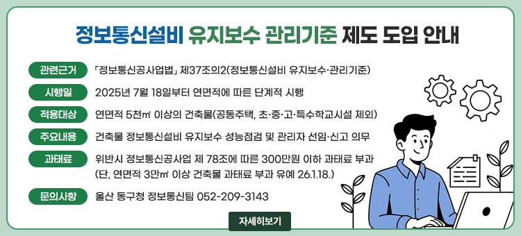 정보통신설비 유지보수 관리기준 제도 도입 안내
ㆍ관련근거 : 「정보통신공사업법」 제37조의2(정보통신설비 유지보수·관리기준)
ㆍ시행일 : 2025년 7월 18일부터 연면적에 따른 단계적 시행
ㆍ적용대상 : 연면적 5천㎡ 이상의 건축물(공동주택, 초·중·고·특수학교시설 제외)
ㆍ주요내용 : 건축물 정보통신설비 유지보수 성능점검 및 관리자 선임·신고 의무
ㆍ과태료 : 위반시 정보통신공사업 제 78조에 따른 300만원 이하 과태료 부과(단, 연면적 3만㎡ 이상 건축물 과태료 부과 유예 26. 1. 18.)
ㆍ문의사항 : 울산 동구청 정보통신팀 052-209-3143
자세히보기