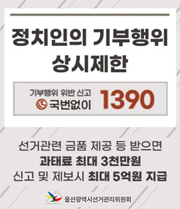 정치인의 기부행위
상시제한
기부행위 위반 신고
국번없이 1390
선거관련 금품 제공 등 받으면 과태료 최대 3천만원
신고 및 제보시 최대 5억원 지급
울산광역시선거관리위원회