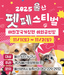 2025년 울산 펫 페스티벌
태화강국가정원 야외공연장
11/1(토) ~ 11/2(일)
ㆍ대상 : 울산 시민 누구나
ㆍ주관 : JCN울산중앙방송(주)
ㆍ문의 : 울산광역시 농축산과 052-229-2932