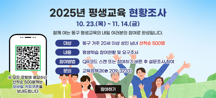 2025년 평생교육 현황조사
10. 23.(목) ~ 11. 14.(금)
함께 여는 동구 평생교육의 내일 여러분의 참여로 완성됩니다.
ㆍ대상 : 동구 거주 20세 이상 성인 남녀 선착순 500명
ㆍ내용 : 평생학습 참여현황 및 요구조사
ㆍ참여방법 : QR코드 스캔 또는 참여하기 버튼 후 설문조사 참여
ㆍ문의 : 교육정책과(☎ 209-3233)
QR코드 평생교육 추진체계 고도화를 위한 2025년 평생교육 현황조사 바로가기 https://m.site.naver.com/1TBKe
※ 모든 문항에 응답하신 선착순 500분께는 모바일 커피쿠폰을 보내드립니다
참여하기