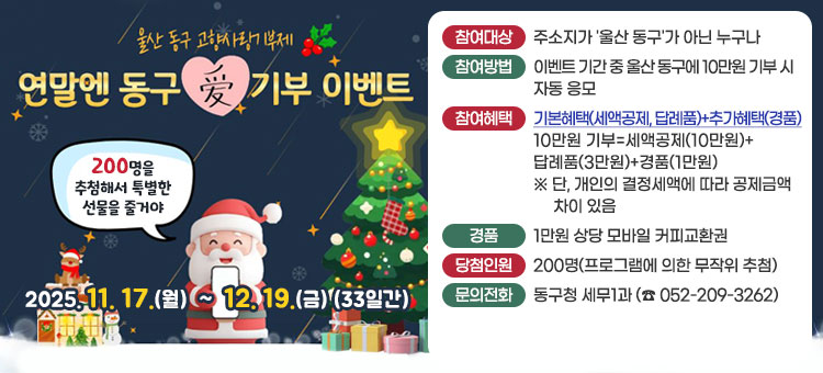 울산 동구 고향사랑기부제
연말엔 동구愛 기부 이벤트
200명을 추첨해서 특별한 선물을 줄거야
2025. 11. 17.(월) ~ 12. 19.(금) (33일간)
ㆍ참여대상 : 주소지가 '울산 동구'가 아닌 누구나
ㆍ참여방법 : 이벤트 기간 중 울산 동구에 10만원 기부 시 자동 응모
ㆍ참여혜택 : 기본혜택(세액공제, 답례품) + 추가혜택(경품)
10만원 기부=세액공제(10만원)+답례품(3만원)+경품(1만원)
※ 단, 개인의 결정세액에 따라 공제금액 차이 있음
ㆍ경품 : 1만원 상당 모바일 커피교환권
ㆍ당첨인원 : 200명(프로그램에 의한 무작위 추첨)
ㆍ문의전화 : 동구청 세무1과 (☎ 052-209-3262)