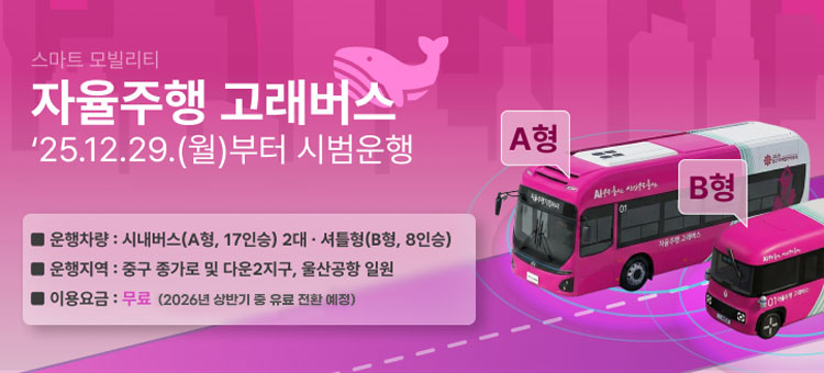 스마트 모빌리티
자율주행 고래버스
'25.12.29.(월)부터 시범운행
ㆍ운행차량 : 시내버스(A형, 17인승) 2대&middot;셔틀형(B형, 8인승)
ㆍ운행지역 : 중구 종가로 및 다운2지구, 울산공항 일원
ㆍ이용요금 : 무료(2026년 상반기 중 유료 전환 예정)