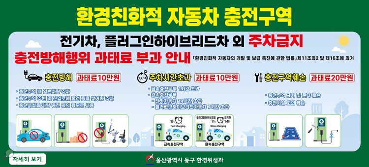 <p>환경친화적 자동차 충전 방해행위 등 주민신고제 운영 변경 안내
&nbsp;</p>

<p>○ 시 행 일: 2026. 2. 5.</p>

<p>○ 변경내용</p>

<p>&nbsp; - 플러그인 하이브리드자동차의 완속충전구역 주차가능시간 변경</p>

<p>&nbsp; &nbsp; &middot; (기존) 14시간 이내 &rarr; (변경) 7시간 이내</p>

<p>&nbsp; - 완속충전구역 기준시간 초과 주차 과태료 부과대상 공동주택 기준변경</p>

<p>&nbsp; &nbsp; &middot; (기존) 500세대 이상 아파트 &rarr; (변경) 100세대 이상 아파트</p>

<p>&nbsp; - 이중주차로 인한 충전 방해행위 신고 시 첨부자료 추가</p>

<p>&nbsp; &nbsp; &middot; (기존) 사진 2장 &rarr; (변경) 사진 2장 및 동영상(주차브레이크 체결 확인 가능)</p>

<p>○ 문의사항: 울산 동구청 환경위생과(T.052-209-3565)</p>
<!--[data-hwpjson]{
