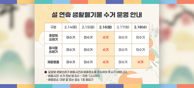 설 연휴 생활쓰레기 수거 운영 안내