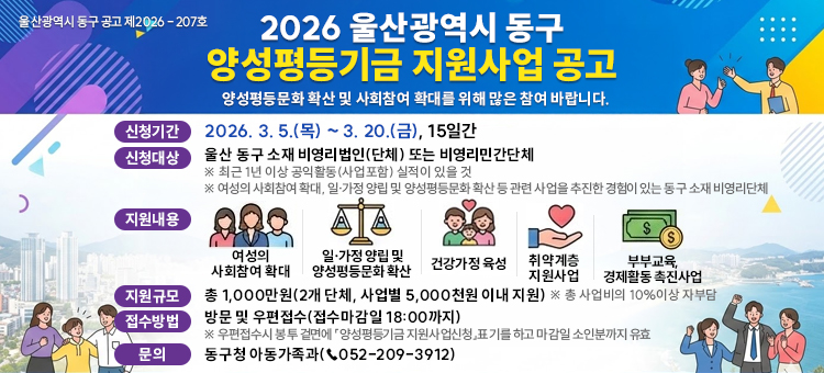 울산광역시 동구 공고 제2026-207호
2026 울산광역시 동구 양성평등기금 지원사업 공고

양성평등문화 확산 및 사회참여 확대를 위한 이번 공모의 신청 기간은 2026년 3월 5일(목)부터 3월 20일(금)까지 15일간입니다.
신청 대상은 울산 동구 소재 비영리법인(단체) 또는 비영리민간단체로, 최근 1년 이상 공익활동 실적이 있고 관련 사업 추진 경험이 있어야 합니다.
지원 내용은 여성의 사회참여 확대, 일&middot;가정 양립 및 양성평등문화 확산, 건강가정 육성, 취약계층 지원사업, 부부교육 및 경제활동 촉진사업 등입니다.
지원 규모는 총 1,000만 원으로 2개 단체에 사업별 500만 원 이내로 지원하며 총 사업비의 10% 이상은 자부담입니다.
접수는 방문 및 우편접수로 가능하며, 문의는 동구청 아동가족과(052-209-3912)로 하면 됩니다.
&nbsp;