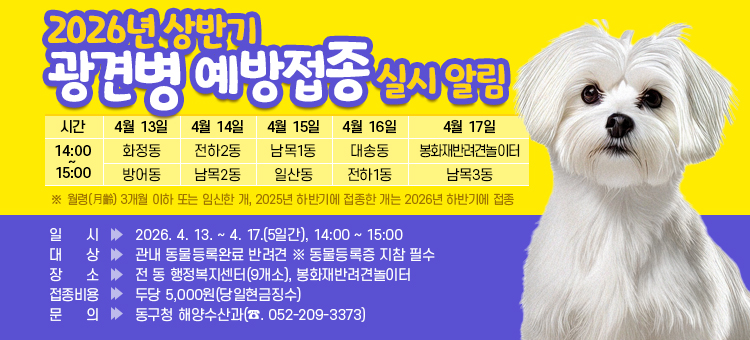 2026년 상반기 광견병 예방접종 실시 알림
&nbsp;
<table border=
