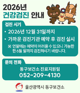 2026년 건강검진 안내<br />
<br />
[검진 시기]<br />
&bull; 2026년 12월 31일까지<br />
&bull; 가까운 검진기관 예약 후 검진 실시<br />
※ 연말에는 예약이 어려울 수 있으니 가능한 한 6월 말까지 검진하시기 바랍니다.<br />
<br />
[문의전화]<br />
동구보건소 진료지원팀 052-209-4130