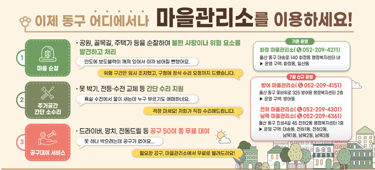 울산광역시 동구 마을관리소 이용 안내 포스터. 마을관리소는 공원, 골목길, 주택가를 순찰하며 생활 속 불편과 위험요소를 점검하고, 못 박기나 전등&middot;수전 교체 같은 간단한 주거 수리를 지원한다.
&nbsp;