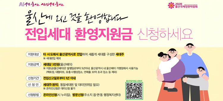 울산광역시 전입세대 환영지원금 신청 안내 배너. 지원 대상은 타 시&middot;도에서 울산광역시로 전입하여 새롭게 세대를 구성한 세대주(세대 편입 제외)입니다. 지원 금액은 세대당 5만 원(울산페이)이며, 발행일로부터 5년 이내에 울산 내 가맹점에서 사용 가능합니다. 단, 백화점이나 대형마트 등 일부 업소는 사용이 제외됩니다. 신청 기간은 전입신고일로부터 1년 이내이며, 세대주 본인 또는 동일 세대원이 신청할 수 있습니다. 신청 방법은 울산시 누리집(홈페이지)을 통한 온라인 신청이나 주소지 읍&middot;면&middot;동 행정복지센터 방문 신청 모두 가능합니다. 관련 정보 확인을 위한 QR코드가 포함되어 있습니다.