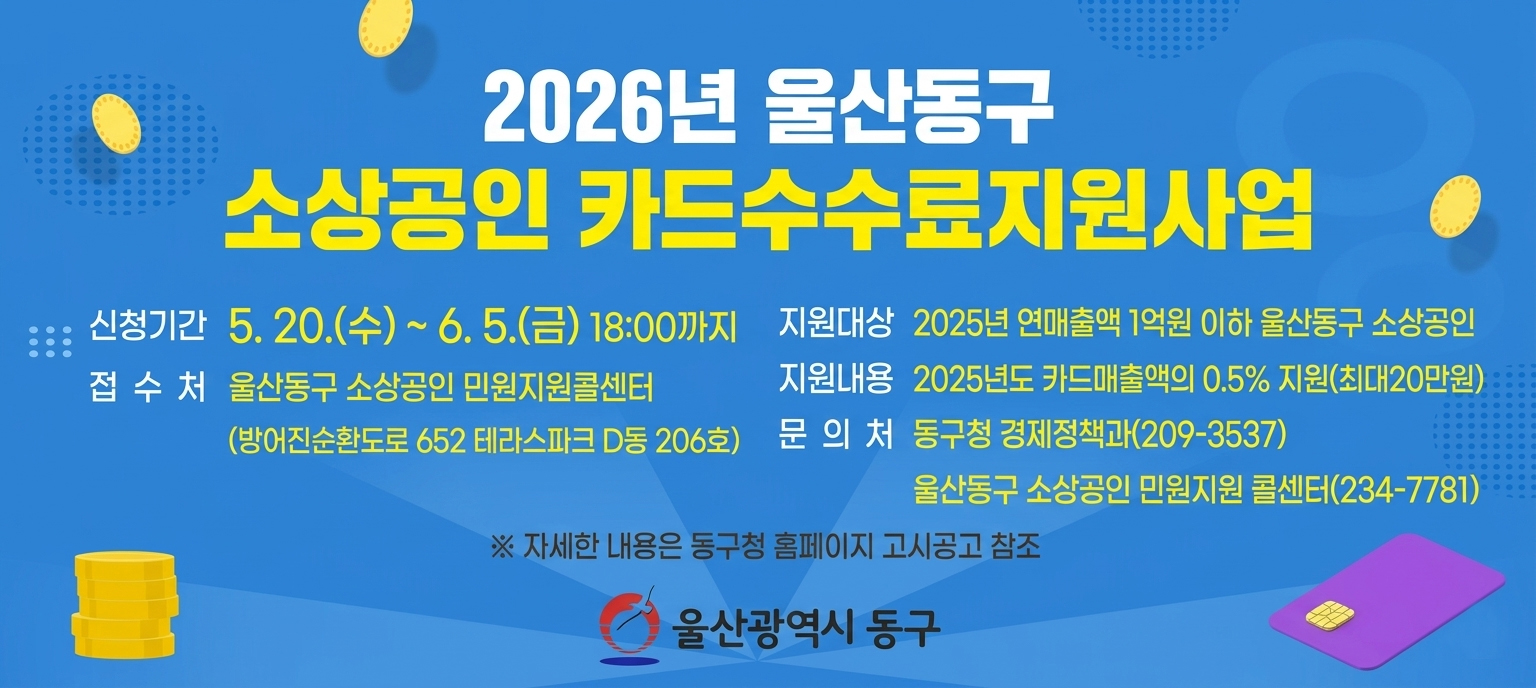 2026년 울산동구 소상공인 카드수수료 지원사업 안내 배너. 신청 기간은 2026년 5월 20일 수요일부터 6월 5일 금요일 18시까지입니다. 지원 대상은 2025년 연매출액 1억 원 이하인 울산동구 소상공인이며, 지원 내용은 2025년도 카드매출액의 0.5% 지원으로 업체당 최대 20만 원까지입니다. 접수처는 울산동구 소상공인 민원지원콜센터(방어진순환도로 652 테라스파크 D동 206호)입니다. 문의처는 동구청 경제정책과(209-3537) 또는 울산동구 소상공인 민원지원콜센터(234-7781)이며, 자세한 내용은 동구청 홈페이지 고시공고를 참조하시기 바랍니다. 푸른색 배경에 노란색 동전과 보라색 신용카드 일러스트가 포함되어 있습니다.