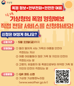 기상청의 폭염 영향예보 직접 전달 서비스 신청 안내 배너. '폭염 정보와 안부전화로 안전한 여름'을 강조합니다. 신청 기간은 2026년 5월 22일 금요일까지입니다. 모집 대상은 첫째, 멀리 떨어져 사는 가족의 여름철 안전이 걱정되는 자녀, 둘째, 여름 야외활동이 많은 가족 및 지인의 안전이 걱정되시는 분, 셋째, 고령자, 유질환자 등 폭염으로부터 취약한 가족 및 지인의 안전이 걱정되는 분입니다. 신청 방법은 QR코드 스캔 또는 기상청 기상행정누리집(www.weather.go.kr)을 통해 가능합니다. 우측 하단에는 스마트폰 화면 속에 폭염 알림 문자 팝업과 함께 부채질을 하는 어르신 부부의 일러스트가 그려져 있습니다.