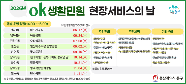 울산광역시 동구의 '2026년 OK생활민원 현장서비스의 날' 안내 배너. 분야별 운영 내용은 다음과 같습니다. 첫째, 주민편의 분야는 화분분갈이(빈화분 1인 1개 지참), 칼갈이(1인 2자루), 자전거 부분 수리, 안경 및 귀금속 세척, 나무도마 수선이 있습니다. 둘째, 주민체험 분야는 외국인주민과 함께하는 문화체험(네일아트, 헤나), 기타생활체험(부채 만들기, 진주반지 만들기 등)이 있습니다. 셋째, 기타분야는 건강체험관, 심폐소생술 및 소화기 사용체험, 사회적경제기업 제품 홍보(만들기 체험), 탄소중립 생활실천 홍보, 동별 특화사업 등입니다. 동별 운영내용은 상이할 수 있습니다. 동별 운영 일정은 14시부터 16시까지이며, 칼갈이 서비스만 13시 30분부터 접수를 시작합니다. 세부 일정은 다음과 같습니다. 전하1동 바드래공원 6월 17일 수요일, 남목1동 옥류공원 6월 24일 수요일, 전하2동 오좌불공원 7월 8일 수요일, 일산동 일산해수욕장 중앙광장 9월 2일 수요일, 방어동 꽃나루공원 9월 16일 수요일, 남목3동 현대패밀리동부아파트 경로당 앞 10월 14일 수요일, 화정동 절골공원 10월 21일 수요일, 남목2동 명덕복합문화광장 11월 4일 수요일, 대송동 댄밖공원 11월 11일 수요일입니다. 우천 등 사정에 따라 일정 또는 장소가 변경될 수 있습니다. 문의처는 자치행정과(052-209-3184)입니다.