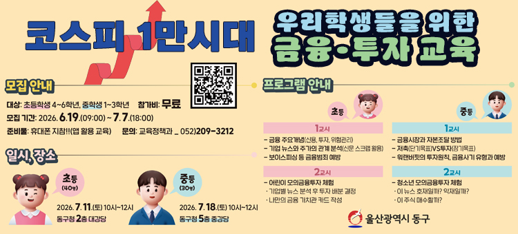 코스피 1만시대 (KOSPI 10,000) 우리 학생들을 위한 금융 투자 교육 안내. 스마트폰을 든 남녀 학생 일러스트와 상승하는 주가 그래프 배경. 모집 안내. 대상: 초등학생 4학년부터 6학년, 중학생 1학년부터 3학년. 참가비: 무료. 모집 기간: 2026년 6월 19일 금요일 9시부터 7월 7일 화요일 18시까지. 준비물: 휴대폰 지참 필수 (앱 활용 교육). 문의: 교육정책과 (052-209-3212). 우측 상단에 신청 접수 QR코드 탑재. 일시 및 장소 안내. 초등 대상은 40명 모집, 일시는 2026년 7월 11일 토요일 10시부터 12시까지, 장소는 동구청 2층 대강당입니다. 중등 대상은 30명 모집, 일시는 2026년 7월 18일 토요일 10시부터 12시까지, 장소는 동구청 5층 중강당입니다. 프로그램 안내. 초등 1교시는 금융 주요개념(신용, 투자, 위험관리), 기업 뉴스와 주가의 관계 분석(신문 스크랩 활용), 보이스피싱 등 금융범죄 예방. 초등 2교시는 어린이 모의금융투자 체험, 기업별 뉴스 분석 후 투자 배분 결정, 나만의 금융 가치관 카드 작성. 중등 1교시는 금융시장과 자본조달 방법, 저축(단기목표) 대 투자(장기목표), 워랜버핏의 투자원칙, 금융사기 유형과 예방. 중등 2교시는 청소년 모의금융투자 체험, 이 뉴스 호재일까? 악재일까?, 이 주식 매수할까?. 하단에 울산광역시 동구 로고 포함.
&nbsp;