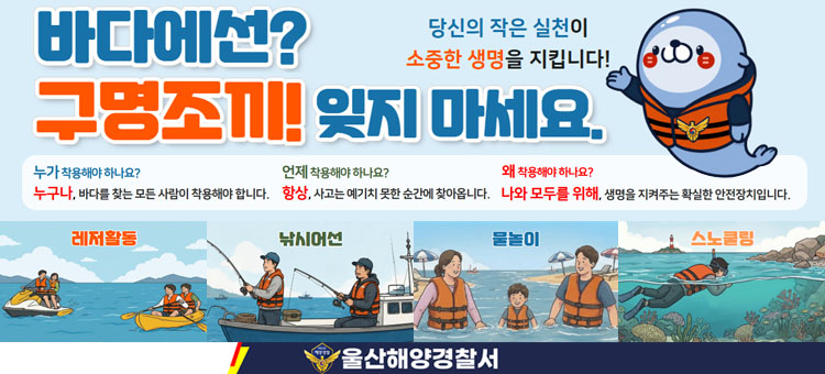 행정안전부 물놀이 안전의 시작, 구명조끼 착용! 안내. 바다나 계곡 등 물놀이 시 구명조끼를 반드시 착용해야 합니다.&nbsp;

올바른 구명조끼 착용 방법 4단계:
1단계. 몸에 맞는 구명조끼를 선택한 후 지퍼(가슴줄)를 채웁니다.
2단계. 가슴 매듭(버클)을 확실하게 채워줍니다.
3단계. 몸에 밀착되도록 양옆의 줄을 당겨 조여줍니다.
4단계. 생명줄(다리 사이 끈)을 반드시 다리 사이로 빼서 단단히 고정합니다. 생명줄을 하지 않으면 구명조끼가 위로 벗겨집니다.