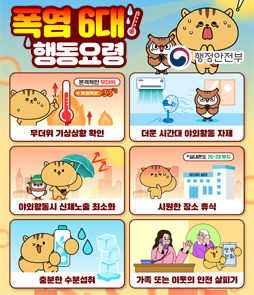 행정안전부 폭염 6대 행동요령 포스터. 땀을 흘리는 다람쥐와 부엉이 캐릭터 일러스트와 함께 6가지 수칙이 제시되어 있습니다. 첫째, 무더위 기상상황 확인 (본격적인 무더위, 폭염특보 33도). 둘째, 더운 시간대 야외활동 자제 (에어컨 및 선풍기 활용). 셋째, 야외활동시 신체노출 최소화 (양산, 모자 착용). 넷째, 시원한 장소 휴식 (무더위 쉼터 활용, 실내온도 26~28도 유지). 다섯째, 충분한 수분섭취 (물과 얼음). 여섯째, 가족 또는 이웃의 안전 살피기 (안부 전화하기). 하단에는 행정안전부 로고가 위치해 있습니다.
&nbsp;