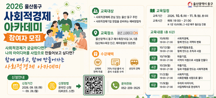 2026 울산동구 사회적경제 아카데미 참여자 모집 포스터. 함께 배우고, 함께 만들어가는 사회적경제 아카데미. [교육대상] 사회적경제에 관심 있는 울산 동구 주민, 사회적경제기업 창업을 준비하는 예비창업자. [교육장소] 청년 스테이지 ON (울산광역시 동구 해수욕장10길 34, 5층 / 일산해수욕장 인근, 해파랑쉼터 맞은편). [수강혜택] 교육비 전액 무료, 70% 이상 출석 시 공식 수료증 수여, 선진지 견학. [교육일정] 기간: 2026. 10. 6.(화) ~ 11. 9.(월) 총 6회, 시간: 매회 19:00~21:00 (1강 10/6 화요일, 2~6강 매주 월요일 진행). [교육내용] 1강(10/6): 사회적경제, 함께 만드는 지역의 변화 / 2강(10/12): 사회적협동조합, 함께 만드는 조직과 사업 / 3강(10/19): 마을기업, 지역의 자원으로 사업을 만든다 / 4강(10/26): 자활기업, 일과 자립을 만드는 사회적경제 / 5강(11/2): 사회적기업, 사회문제를 사업으로 풀다 / 6강(11/9): 우리의 아이디어, 사업계획서로 완성하기. [신청안내] 기간: 2026. 09. 08.(화) ~ 09. 28.(월), 방법: 온라인 신청 (QR코드 스캔), 문의전화: 052-209-3525.
&nbsp;