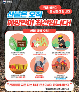 산림청 산불 예방 포스터. 작은 불씨가 큰 산불이 됩니다. 산불은 오직 예방만이 최선입니다! [산불 예방 수칙] 1. 입산통제구역 및 폐쇄된 등산로 입산 금지 / 2. 산림 내에서 라이터, 담배 소지 금지 / 3. 산림 인접지역에서 예초기, 용접 작업 시 산불대책 강구 / 4. 산림 인접지역 논&middot;밭두렁 태우기 등 소각행위 금지 / 5. 화목보일러 불씨 관리 철저 / 6. 가꾸는데 30년 사라지는데 3초인 산불, 실수도 처벌 대상. 하단 문구: 산에 불을 지른 자는 최대 15년 이하의 징역에 처한다 (산림재난방지법 제76조).
&nbsp;