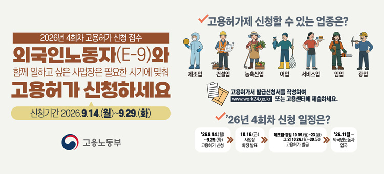 고용노동부 2026년 4회차 고용허가 신청 접수 안내. 외국인노동자(E-9)와 함께 일하고 싶은 사업장은 필요한 시기에 맞춰 고용허가 신청하세요. 신청기간: 2026. 9. 14.(월) ~ 9. 29.(화). 고용허가제 신청할 수 있는 업종: 제조업, 건설업, 농축산업, 어업, 서비스업, 임업, 광업. 신청 방법: 고용허가서 발급신청서를 작성하여 www.work24.go.kr 또는 고용센터에 제출. '26년 4회차 신청 일정: 1. 고용허가 신청('26. 9. 14. 월 ~ 9. 29. 화) -> 2. 사업장 확정 발표(10. 16. 금) -> 3. 고용허가 발급(제조업&middot;광업 10. 19. 월 ~ 23. 금 / 그 외 10. 26. 월 ~ 30. 금) -> 4. 외국인노동자 입국('26. 11월 ~). 고용노동부.