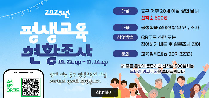 2025년 평생교육 현황조사
10. 23.(목) ~ 11. 14.(금)
함께 여는 동구 평생교육의 내일 여러분의 참여로 완성됩니다.
ㆍ대상 : 동구 거주 20세 이상 성인 남녀 선착순 500명
ㆍ내용 : 평생학습 참여현황 및 요구조사
ㆍ참여방법 : QR코드 스캔 또는 참여하기 버튼 후 설문조사 참여
ㆍ문의 : 교육정책과(☎ 209-3233)
※ 모든 문항에 응답하신 선착순 500분께는 모바일 커피쿠폰을 보내드립니다
QR코드 조사 참여 바로가기 https://m.site.naver.com/1TBKe
참여하기