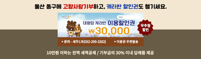 울산 동구에 고향사랑기부하고, 캐라반 할인권도 챙기세요.
무추첨 할인
· 문의 - 세무1과(052-209-3262)
· 이용권 우편발송
10만원 이하는 전액 세액공제 / 기부금의 30% 이내 답례품 제공