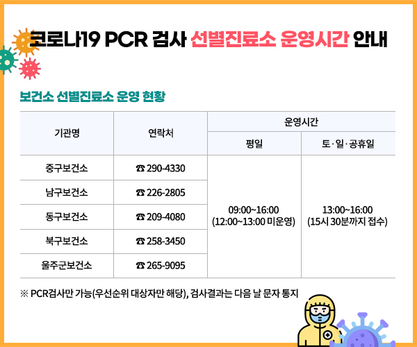 코로나19 PCR검사 선별진료소 운영시간 안내