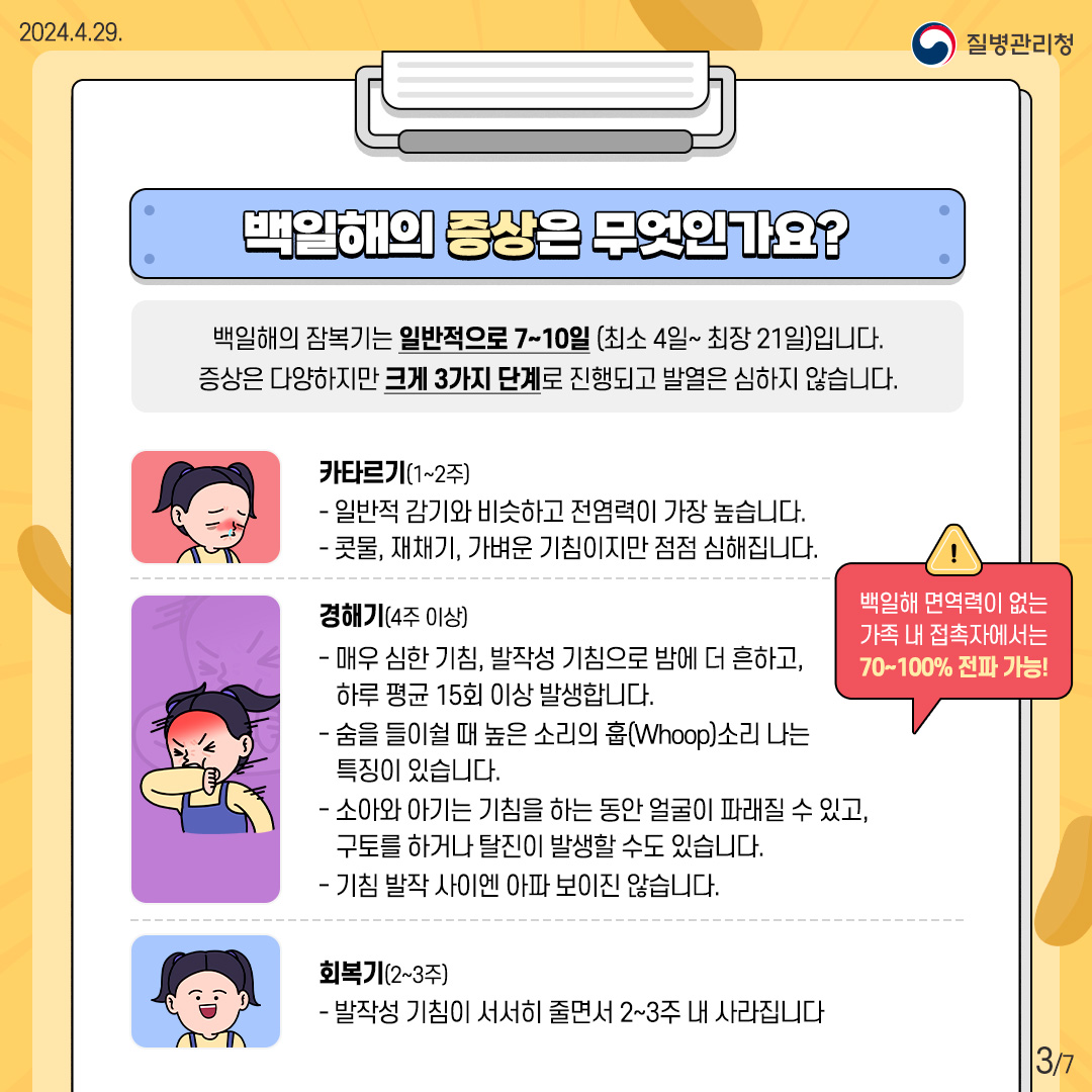 백일해의 증상은 무엇인가요? 백일해의 잠복기는 일반적으로 7~10일(최소 4일~최장21일)입니다. 증상은 다양하지만 크게 3가지 단계로 진행되고 발열은 심하지 않습니다. ※ 백일해 면연력이 없는 가족 내 접촉자에서는 70~100% 전파 가능! ○ 카타르기(1~2주)  - 일반적 감기와 비슷하고 전염력이 가장 높습니다.  - 콧물, 재채기, 가벼운 기침이지만 점점 심해집니다. ○ 경해기(4주 이상)  - 매우 심한 기침, 발작성 기침으로 밤에 더 흔하고, 하루 평균 15회 이상 발생합니다.  - 숨을 들이쉴 때 높은 소리의 훕(Whoop)소리 나는 특징이 있습니다.  - 소아와 아기는 기침을 하는 동안 얼굴이 파래질 수 있고, 구토를 하거나 탈진이 발생할 수도 있습니다.  - 기침 발작 사이엔 아파 보이진 않습니다. ○ 회복기(2~3주)  - 발작성 기침이 서서히 줄면서 2~3주 내 사라집니다.