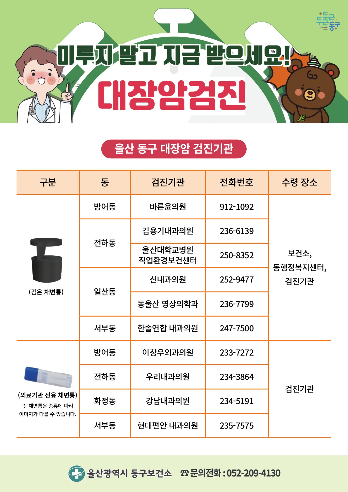 출생연도 상관없이 50세 이상 매년 한 번씩, 대장암검진 꼭 받으세요! 무료로 분변잠혈검사(대변검사) 받아보세요! 분별잠혈검사에서 「잠혈검사있음」 판정을 받은 사람은 2단계 대장내시경 검사비용을 지원 받을 수 있습니다. ※ 분별잠혈검사 없이 바로 대장내시경 검사 시 검사비용은 본인부담입니다. ※ 수면마취, 용종 제거 등 정해진 검사 이외의 항목을 추가하면 본인 부담금이 발생할 수 있습니다. 어떻게 검사하냐고요? 간단하고 편리하게! 1. 채변용기에 이름, 성별, 생년월일을 기입한다. 2. 강낭콩 크기 정도를 채취한다(5g) 3. 소변이 섞이지 않게 채취 4. 지퍼백에 담은 후 서늘한 곳에 보관하여 당일이나 다음날 대장암 검진기관에 제출 울산광역시 동구보건소, 문의전회:052-209-4130
