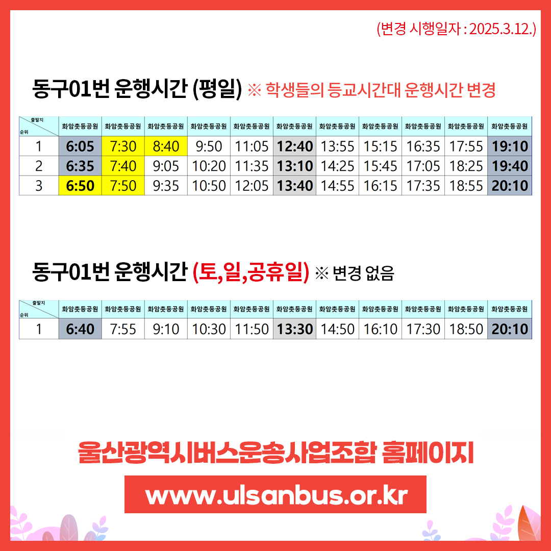 (변경 시행일자: 2025. 3. 12.) □ 동구 01번 운행시간 (평일) ※ 학생들의 등교시간대 운행시간 변경   - 출발지: 화암촛등공원     · 06:05     · 06:35     · 06:50     · 07:30     · 07:40     · 07:50     · 08:40     · 09:05     · 10:20     · 10:50     · 11:05     · 11:35     · 12:05     · 12:40     · 13:10     · 13:40     · 13:55     · 14:25     · 14:55     · 15:15     · 15:45     · 16:15     · 16:35     · 17:05     · 17:35     · 17:55     · 18:25     · 18:55     · 19:10     · 19:40     · 20:10  □ 동구 01번 운행시간(토,일,공휴일) ※ 변경 없음   - 출발지: 화암촛등공원     ·06:40     ·07:55     ·09:10     ·10:30     ·11:50     ·13:30     ·14:50     ·16:10     ·17:30     ·18:50     ·20:10  울산광역시버스운송사업조합 홈페이지 www.ulsanbus.or.kr