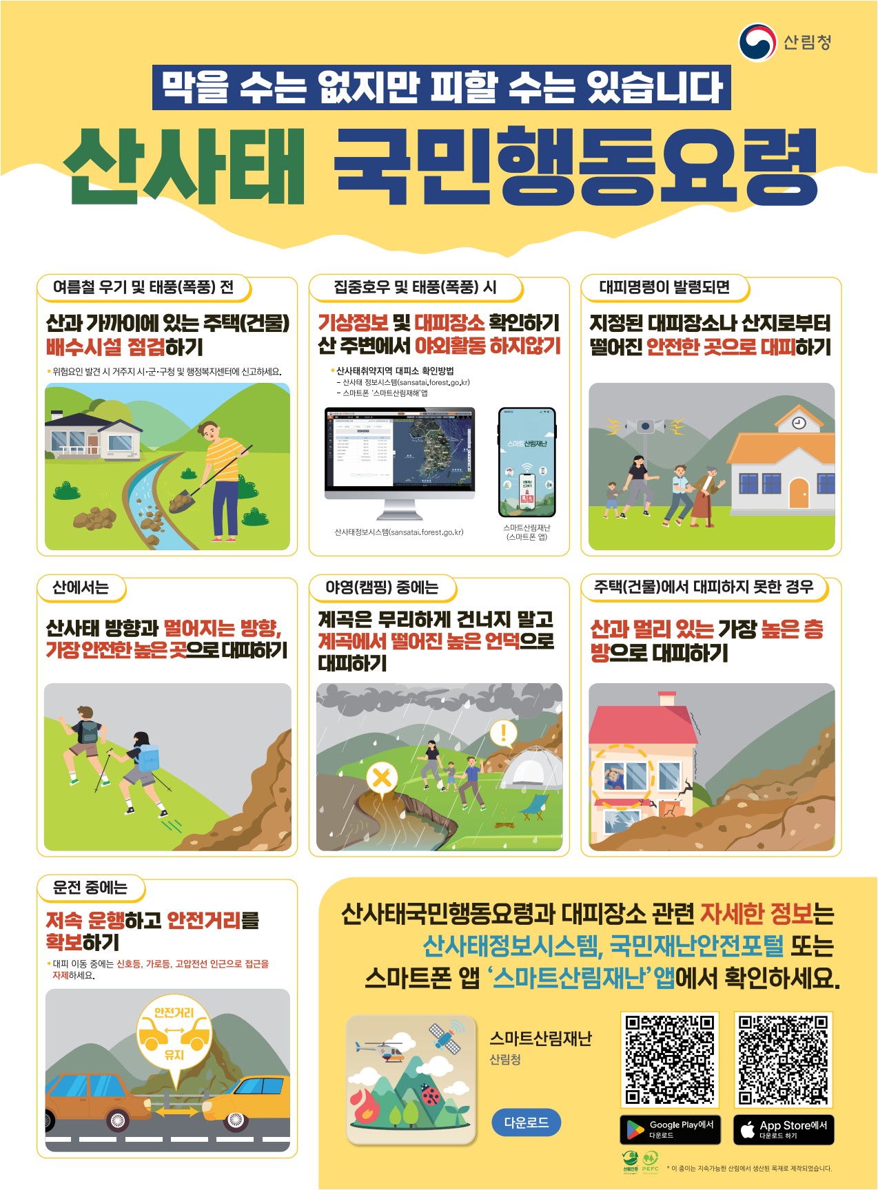 막을 수는 없지만 피할 수는 있습니다. 산사태 국민행동요령  ○ 여름철 우기 및 태풍(폭풍)전 산과 가까이에 있는 주택(건물) 배수시설 점검하기   · 위험요인 발견 시 거주지 시·군·구청 및 행정복지센터에 신고하세요. ○집중호우 및 태풍(폭풍) 시 기상정보 및 대피장소 확인하기, 산 주변에서 야외활동 하지 않기   · 산사태취약지역 대피소 확인방법     - 산사태 정보시스템(sansatai.forest.go.kr)     - 스마트폰 '스마트산림재해'앱 ○ 대피명령이 발령되면 지정된 대피장소나 산지로부터 떨어진 안전한 곳으로 대피하기 ○ 산에서는 산사태 방향과 멀어지는 방향, 가장 안전한 높은 곳으로 대피하기 ○ 야영(캠핑) 중에는 계곡은 무리하게 건너지 말고 계곡에서 떨어진 높은 언덕으로 대피하기 ○ 주택(건물)에서 대피하지 못한 경우 산과 멀리 있는 가장 높은 층 방으로 대피하기 ○ 운전 중에는 저속 운행하고 안전거리를 확보하기   · 대피 이동 중에는 신호등, 가로등, 고압전선 인근으로 접근을 자제하세요.  산사태국민행동요령과 대피장소 관련 자세한 정보는 산사태정보시스템, 국민재난안전포털 또는 스마트폰 앱 '스마트산림재난' 앱에서 확인하세요.