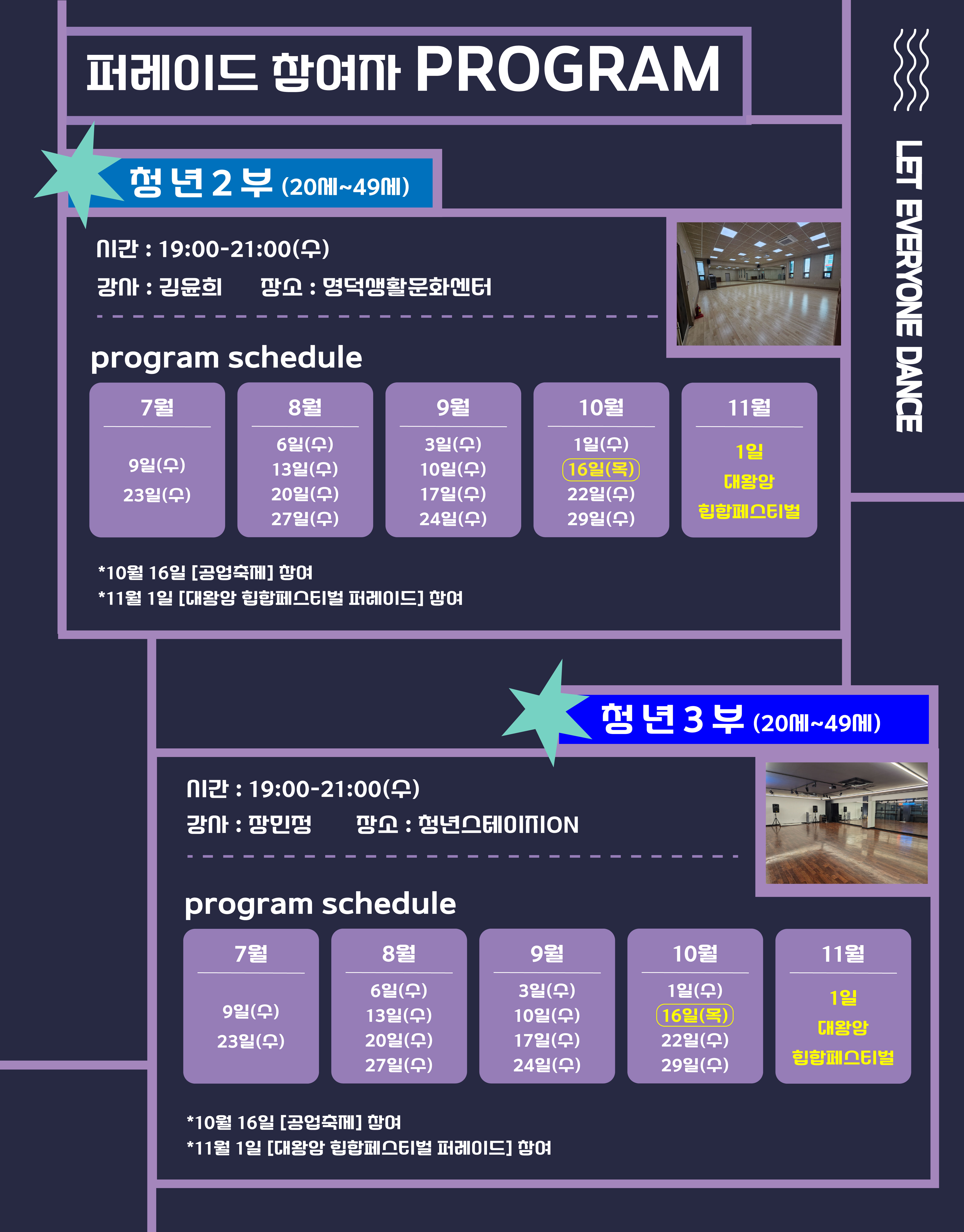 퍼레이드 참여자 PROGRAM 청년 2부 (20세~49세) 시간: 19:00-21:00(수) 강사: 김윤희 장소: 명덕생활문화센터 program schedule 7월 9일(수) 23일(수) 8월 6일(수) 13일(수) 20일(수) 27일(수) 9월 3일(수) 10일(수) 17일(수) 24일(수) 10월 1일(수) 16일(목) 22일(수) 29일(수) 11월 1일 대왕암 힙합페스티벌 * 10월 16일 [공업축제] 참여 * 11월 1일 [대왕암 힙합페스티벌 퍼레이드] 참여  청년 3부 (20세~49세) 시간: 19:00-21:00(수) 강사: 장민정 장소: 청년스테이지ON program schedule 7월 9일(수) 23일(수) 8월 6일(수) 13일(수) 20일(수) 27일(수) 9월 3일(수) 10일(수) 17일(수) 24일(수) 10월 1일(수) 16일(목) 22일(수) 29일(수) 11월 1일 대왕암 힙합페스티벌 * 10월 16일 [공업축제] 참여 * 11월 1일 [대왕암 힙합페스티벌 퍼레이드] 참여
