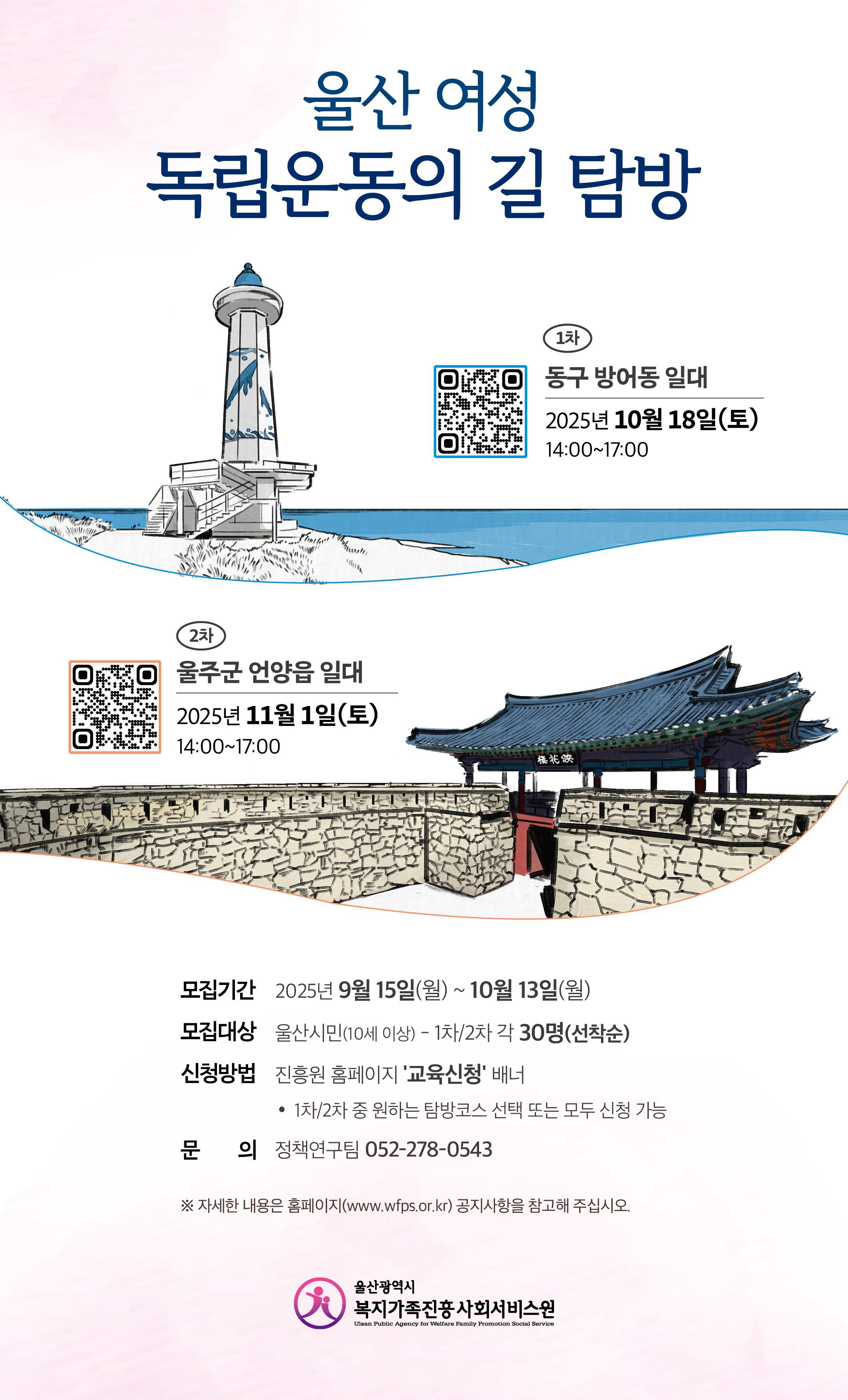 울산 여성 독립운동의 길 탐방  1차 동구 방어동 일대 2025년 10월 18일(토) 14:00~17:00  2차 울주군 언양읍 일대 2025년 11월 1일(토) 14:00~17:00  모집기간 2025년 9월 15일(월) ~ 10월 13일(월) 모집대상 울산시민(10세 이상) - 1차/2차 각 30명(선착순) 신청방법 진흥원 홈페이지 '교육신청' 배너 • 1차/2차 중 원하는 탐방코스 선택 또는 모두 신청 가능 문의 정책연구팀 052-278-0543 ※ 자세한 내용은 홈페이지(www.wfps.or.kr) 공지사항을 참고해 주십시오.  울산광역시 복지가족진흥사회서비스원 Ulsan Public Agency for Welfare Family Promotion Social Service
