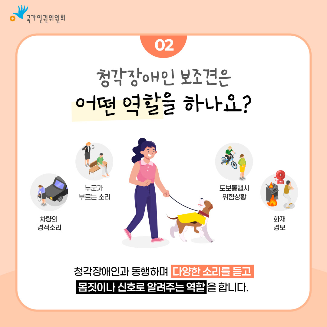 국가인권위원회 02 청각장애인 보조견은 어떤 역할을 하나요? 차량의 경적소리. 누군가 부르는 소리. 도보통행시 위험상황. 화재경보. 청각장애인과 동행하며 다양한 소리를 듣고 몸짓이나 신호로 알려주는 역할을 합니다.